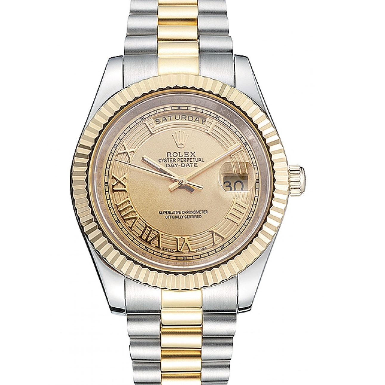 Aaa replica watch Rolex Gold 18k Gold Steel Stainless Two Plated Day-Date Dial Tone 0712